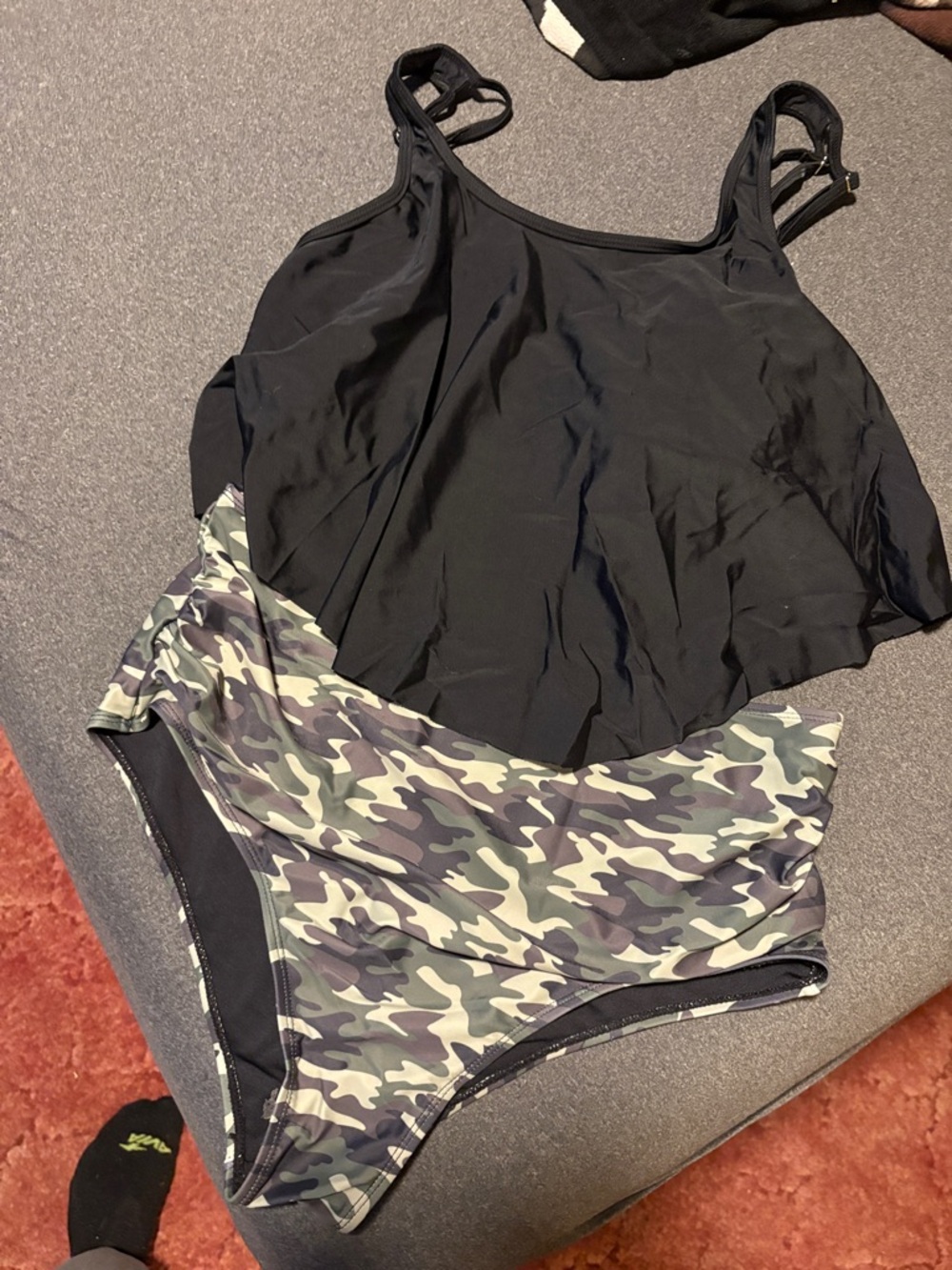 Black Tankini Top with Camo High-Waist Bottoms